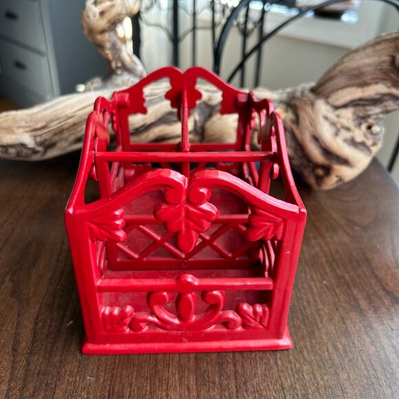 Vintage cast-iron red enamel flatware or desk caddy organizer - Picture 4 of 9